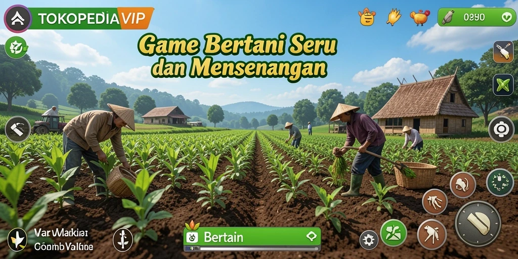 Antarmuka TOKOPEDIAVIP yang menampilkan ladang hijau subur dan tanaman yang beragam.